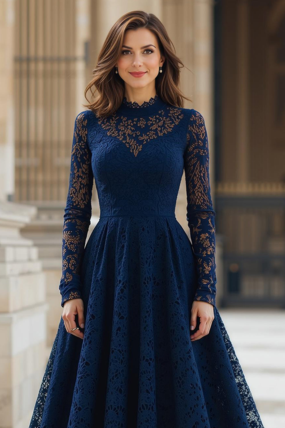 Navy High Neck Lace A-Line Long Mother of the Bride Dress with Sleeves