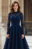 Navy High Neck Lace A-Line Long Mother of the Bride Dress with Sleeves