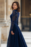 Navy High Neck Lace A-Line Long Mother of the Bride Dress with Sleeves
