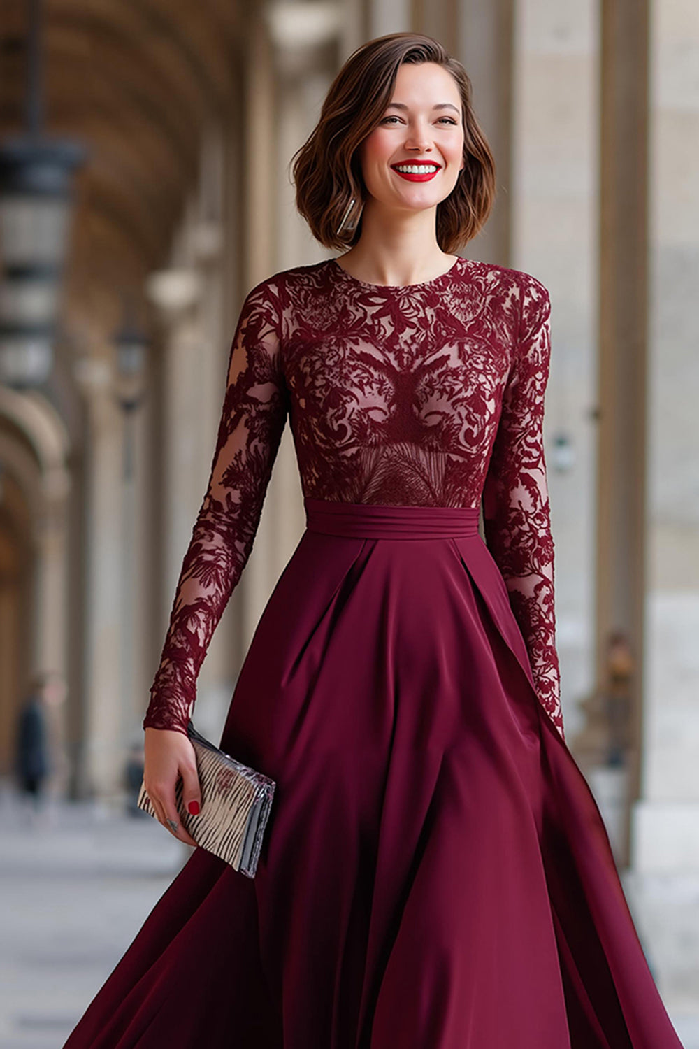 Cabernet Chiffon A Line Long Sleeves Mother Of The Bride Dress with Lace