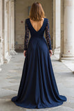 Navy V-Neck Chiffon A-Line Long Mother of the Bride Dress with Lace