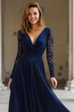 Navy V-Neck Chiffon A-Line Long Mother of the Bride Dress with Lace