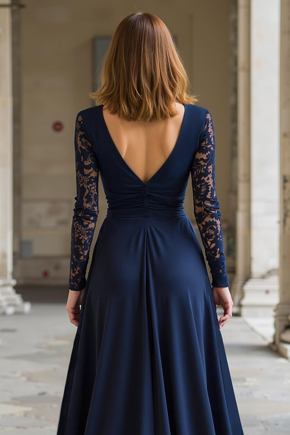 Navy V-Neck Chiffon A-Line Long Mother of the Bride Dress with Lace