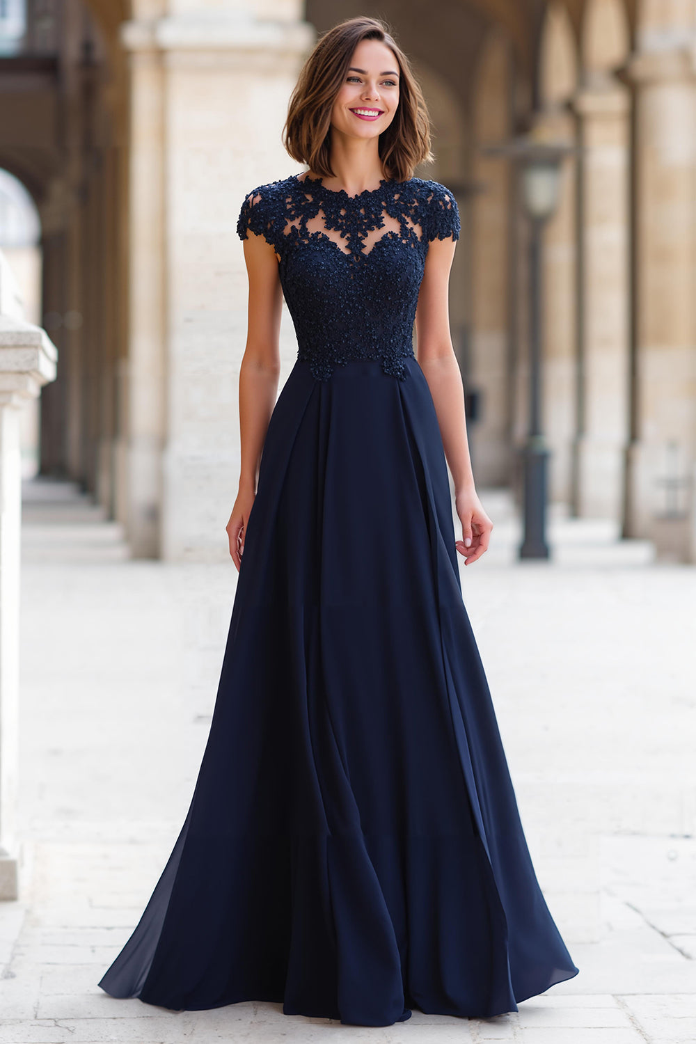 Navy Chiffon Round Neck A-Line Long Mother of the Bride Dress with Lace
