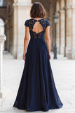 Navy Chiffon Round Neck A-Line Long Mother of the Bride Dress with Lace