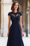 Navy Chiffon Round Neck A-Line Long Mother of the Bride Dress with Lace
