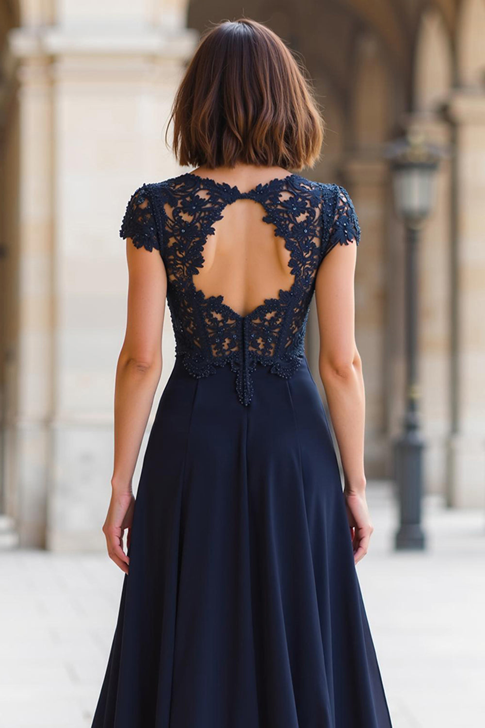 Navy Chiffon Round Neck A-Line Long Mother of the Bride Dress with Lace