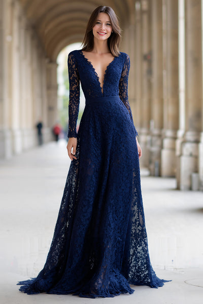 Zapaka Women Navy Long Sleeves A-Line Lace Long Mother of the Bride Dress V-Neck Long Sleeves Wedding Guest Dress ZAPAKA Zapaka Women Navy Long Sleeves A-Line Lace Long Mother of the Bride Dress V-Neck Long Sleeves Wedding Guest Dress ZAPAKA