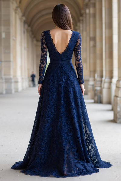Zapaka Women Navy Long Sleeves A-Line Lace Long Mother of The Bride Dress V-Neck Long Sleeves Wedding Guest Dress, Navy / US2 Zapaka Women Navy Long Sleeves A-Line Lace Long Mother of The Bride Dress V-Neck Long Sleeves Wedding Guest Dress, Navy / US2