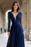 Navy V-Neck Long Sleeves A-Line Lace Long Mother of the Bride Dress