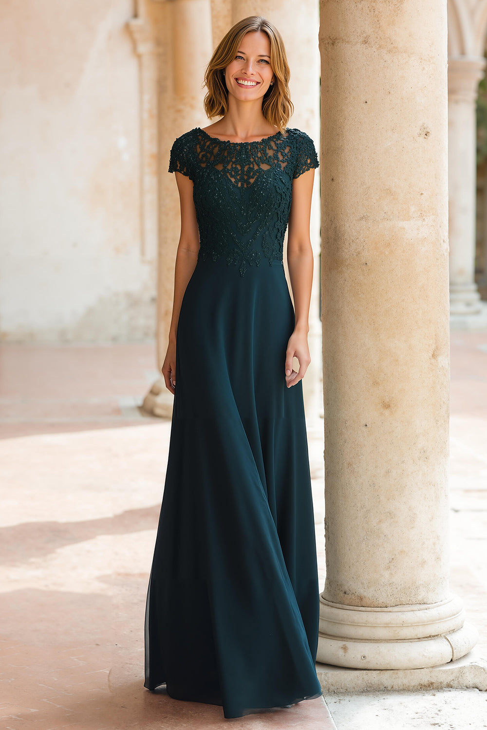 Peacock Green Round Neck Chiffon A-Line Long Mother of the Bride Dress with Sleeves