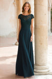 Peacock Green Round Neck Chiffon A-Line Long Mother of the Bride Dress with Sleeves