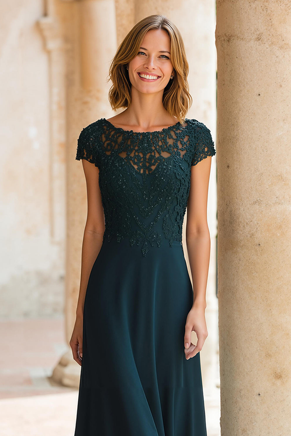 Peacock Green Round Neck Chiffon A-Line Long Mother of the Bride Dress with Sleeves