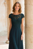 Peacock Green Round Neck Chiffon A-Line Long Mother of the Bride Dress with Sleeves