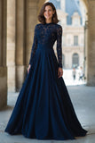 A-Line High Neck Navy Lace Applique Mother of the Bride Dress