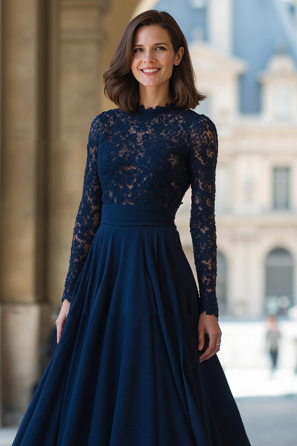 A-Line High Neck Navy Lace Applique Mother of the Bride Dress