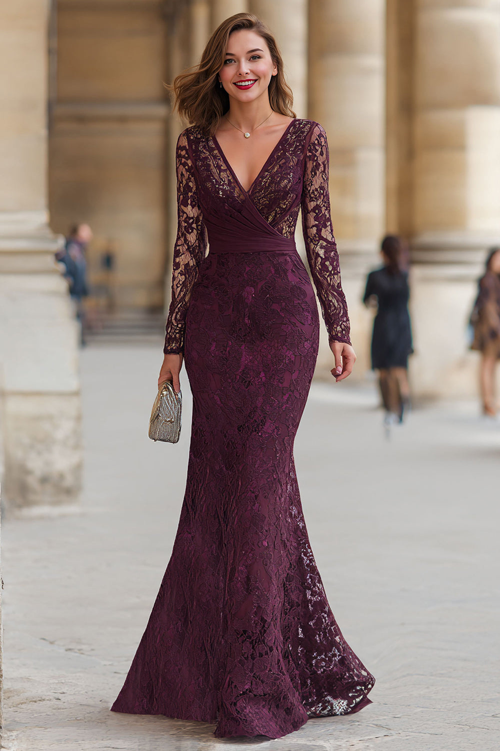 Cabernet Mermaid V-Neck Lace Applique Mother of the Bride Dress