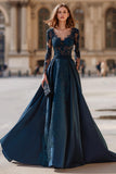 A-Line Navy V-Neck Lace Applique Satin Mother of the Bride Dress