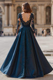 A-Line Navy V-Neck Lace Applique Satin Mother of the Bride Dress