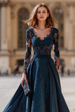 A-Line Navy V-Neck Lace Applique Satin Mother of the Bride Dress