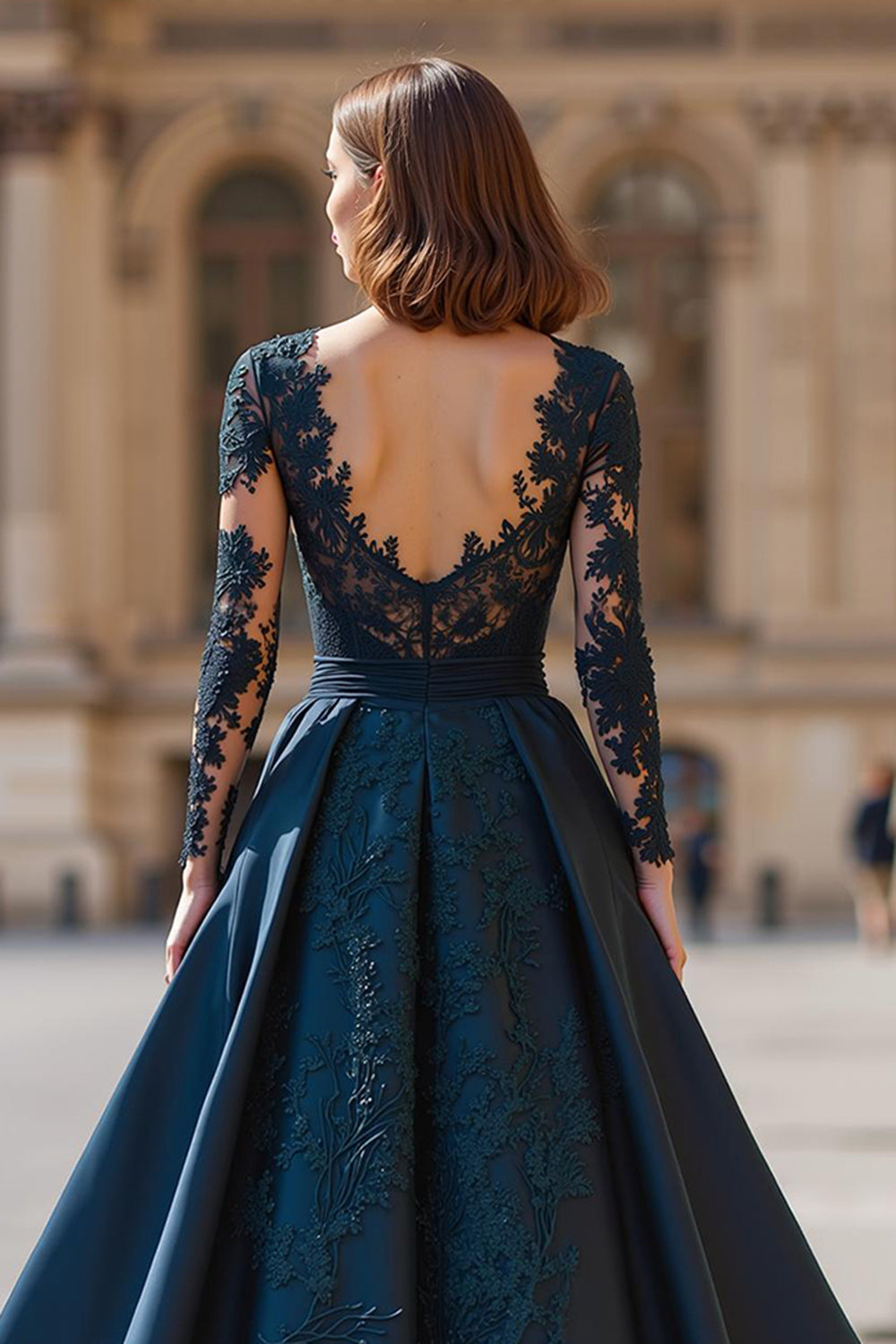 A-Line Navy V-Neck Lace Applique Satin Mother of the Bride Dress