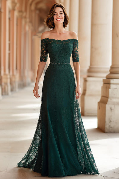 Zapaka Women A-Line Dark Green Mother of the Bride Dress Off the Shoulder Lace Appliques Half Sleeves Long Wedding Guest Dress – ZAPAKA