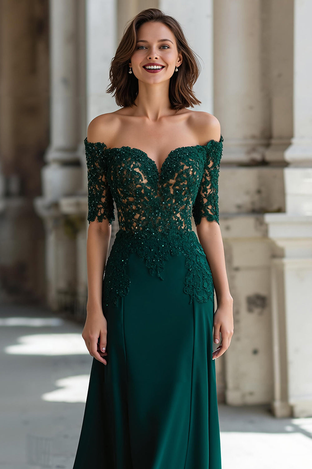 A-Line Dark Green Off the Shoulder Applique Long Mother of the Bride Dress