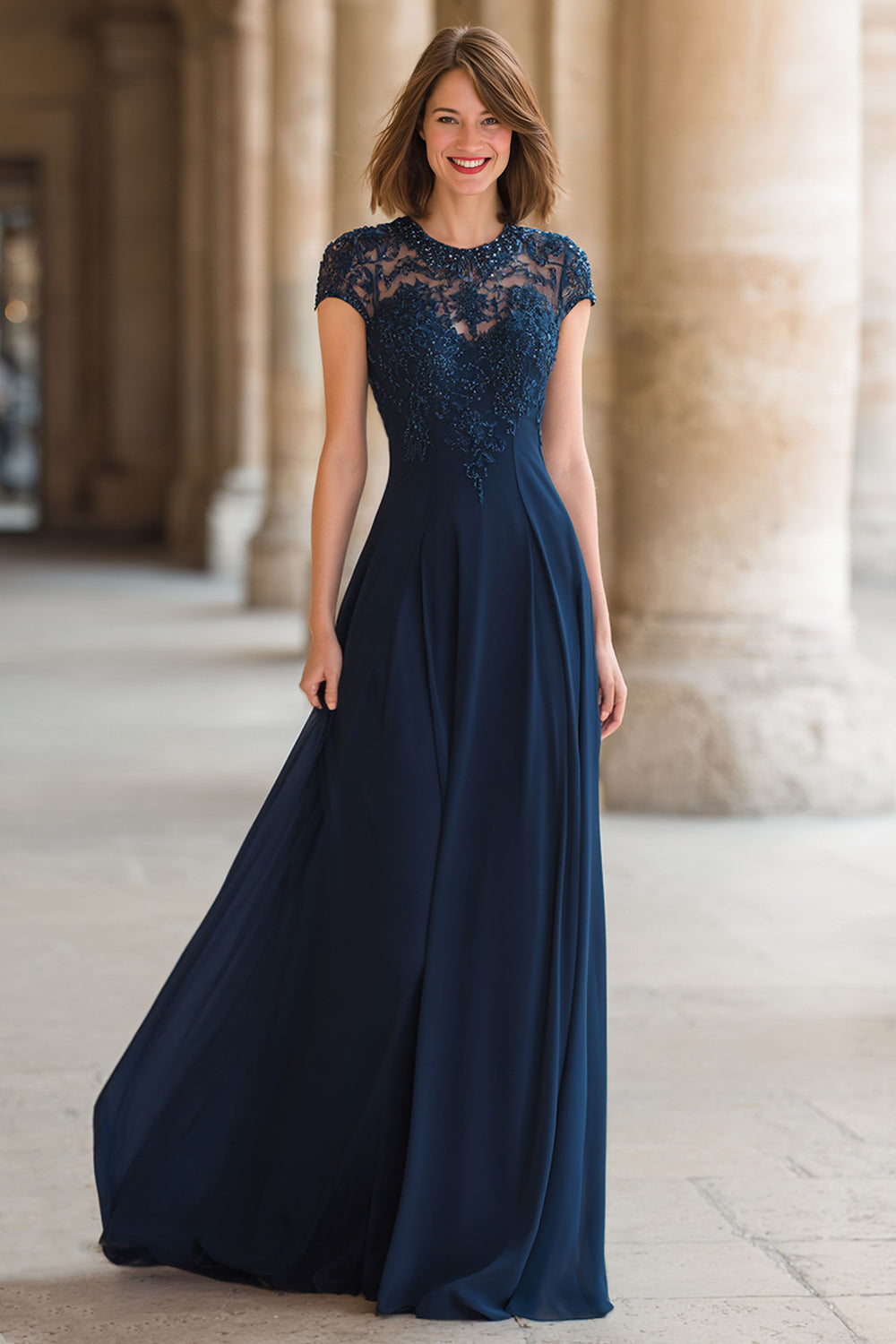 Navy A-Line Lace Applique Long Mother of the Bride Dress