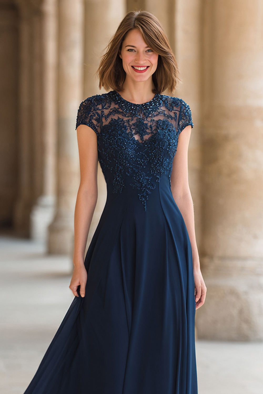 Navy A-Line Lace Applique Long Mother of the Bride Dress