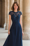 Navy A-Line Lace Applique Long Mother of the Bride Dress