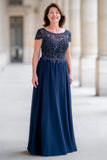 Navy A-Line Lace Applique Beading Mother of the Bride Dress
