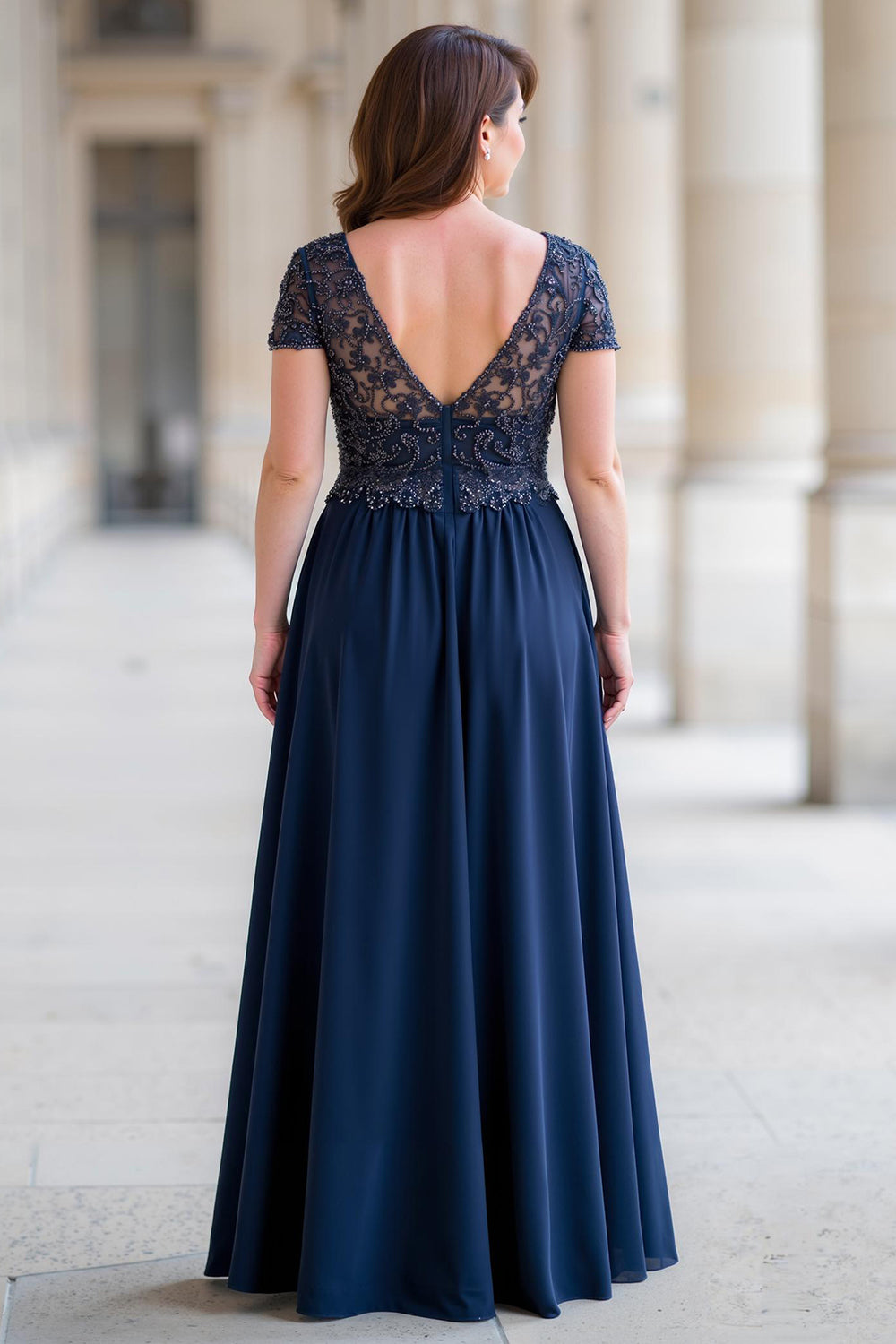 Navy A-Line Lace Applique Beading Mother of the Bride Dress