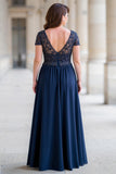 Navy A-Line Lace Applique Beading Mother of the Bride Dress