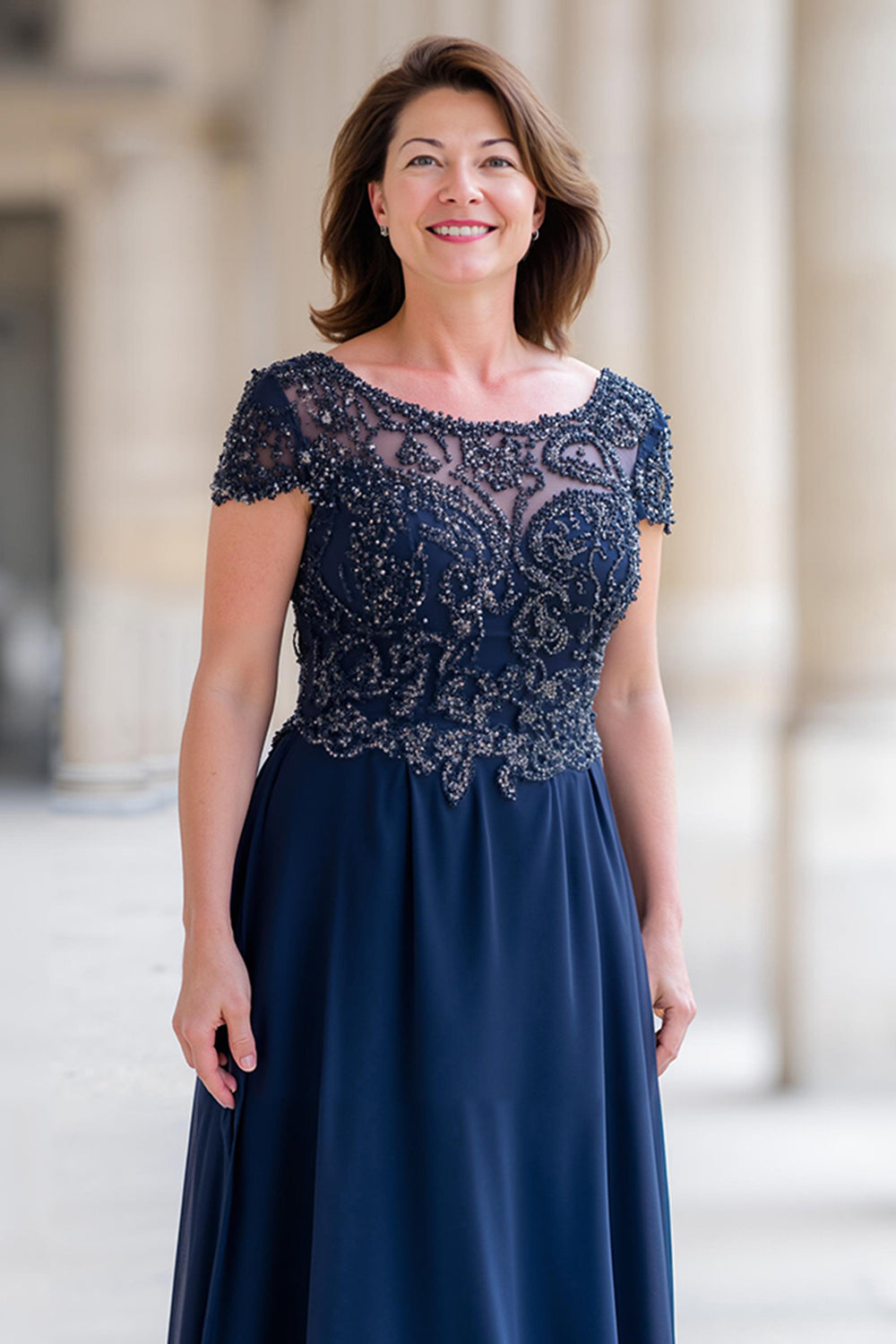 Navy A-Line Lace Applique Beading Mother of the Bride Dress