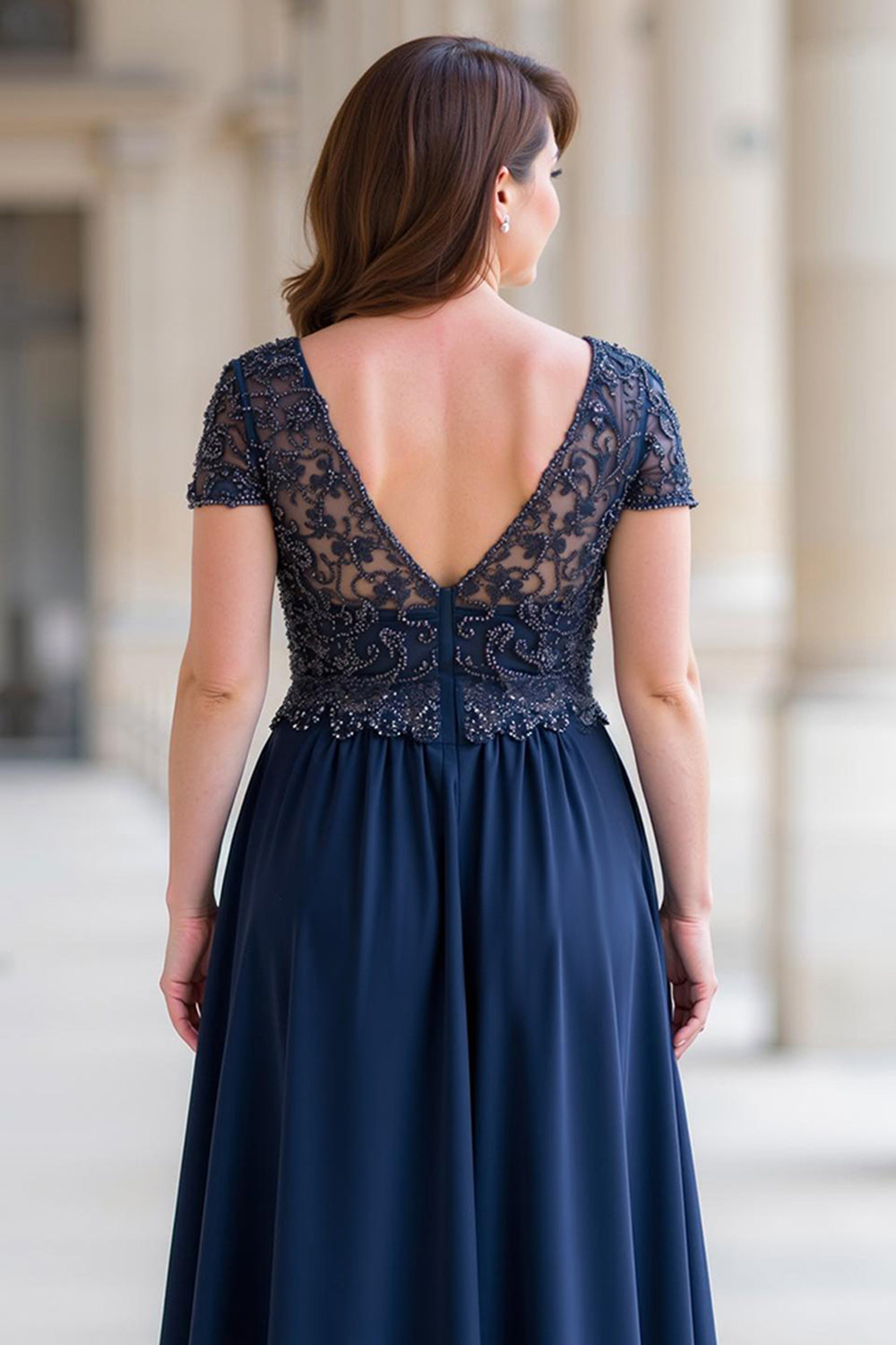 Navy A-Line Lace Applique Beading Mother of the Bride Dress
