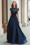 Navy Long Lace Applique A-Line Mother of the Bride Dress