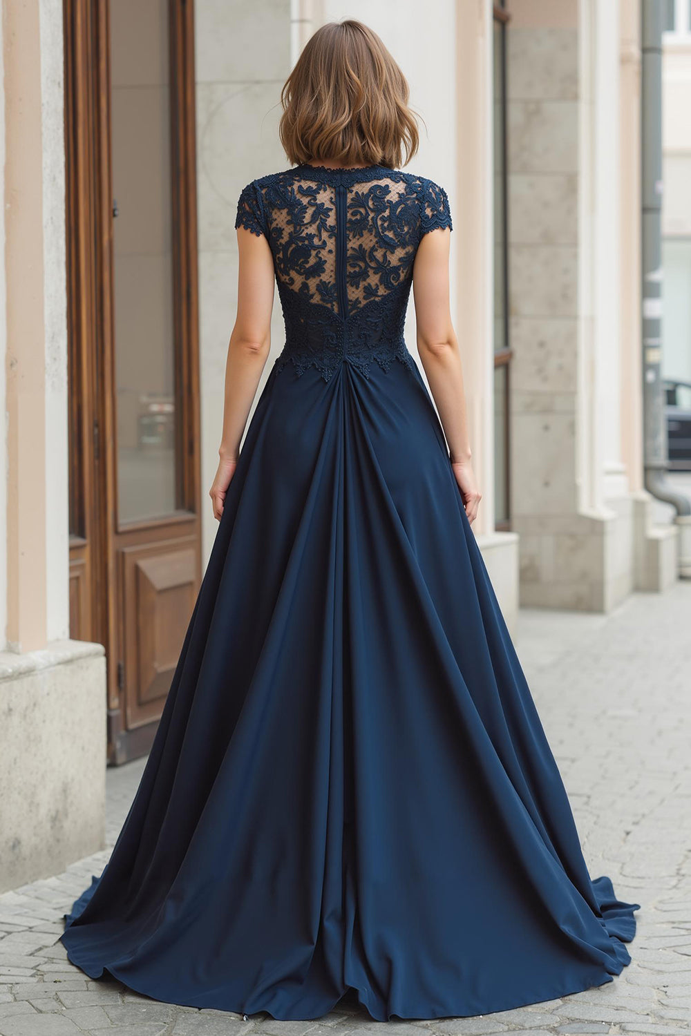 Navy Long Lace Applique A-Line Mother of the Bride Dress