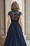 Navy Long Lace Applique A-Line Mother of the Bride Dress
