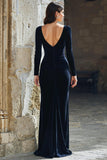 Navy Sheath V-Neck Slit Long Mother of the Bride Dress