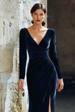 Navy Sheath V-Neck Slit Long Mother of the Bride Dress