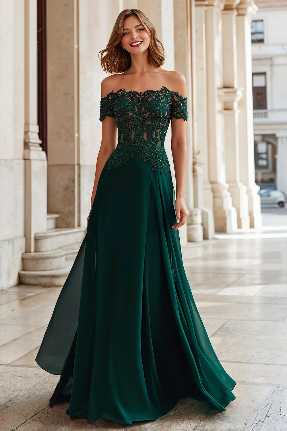 A-Line Off the Shoulder Applique Pine Mother of the Bride Dress