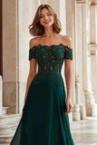 A-Line Off the Shoulder Applique Pine Mother of the Bride Dress