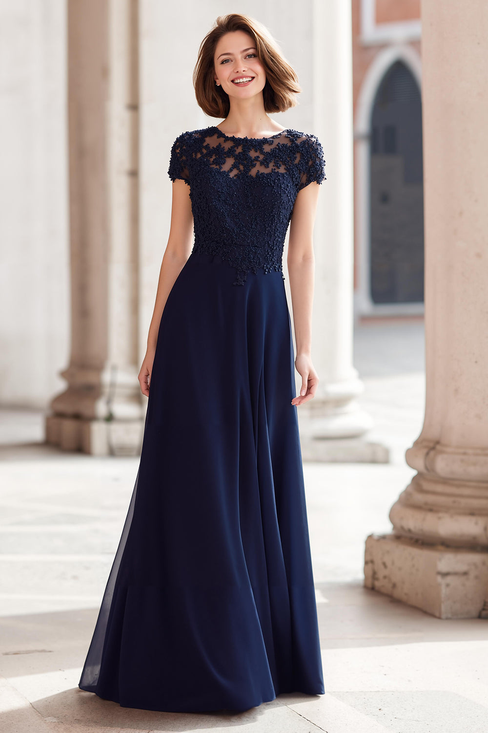 A-Line Navy Lace Appliques Long Mother of the Bride Dress