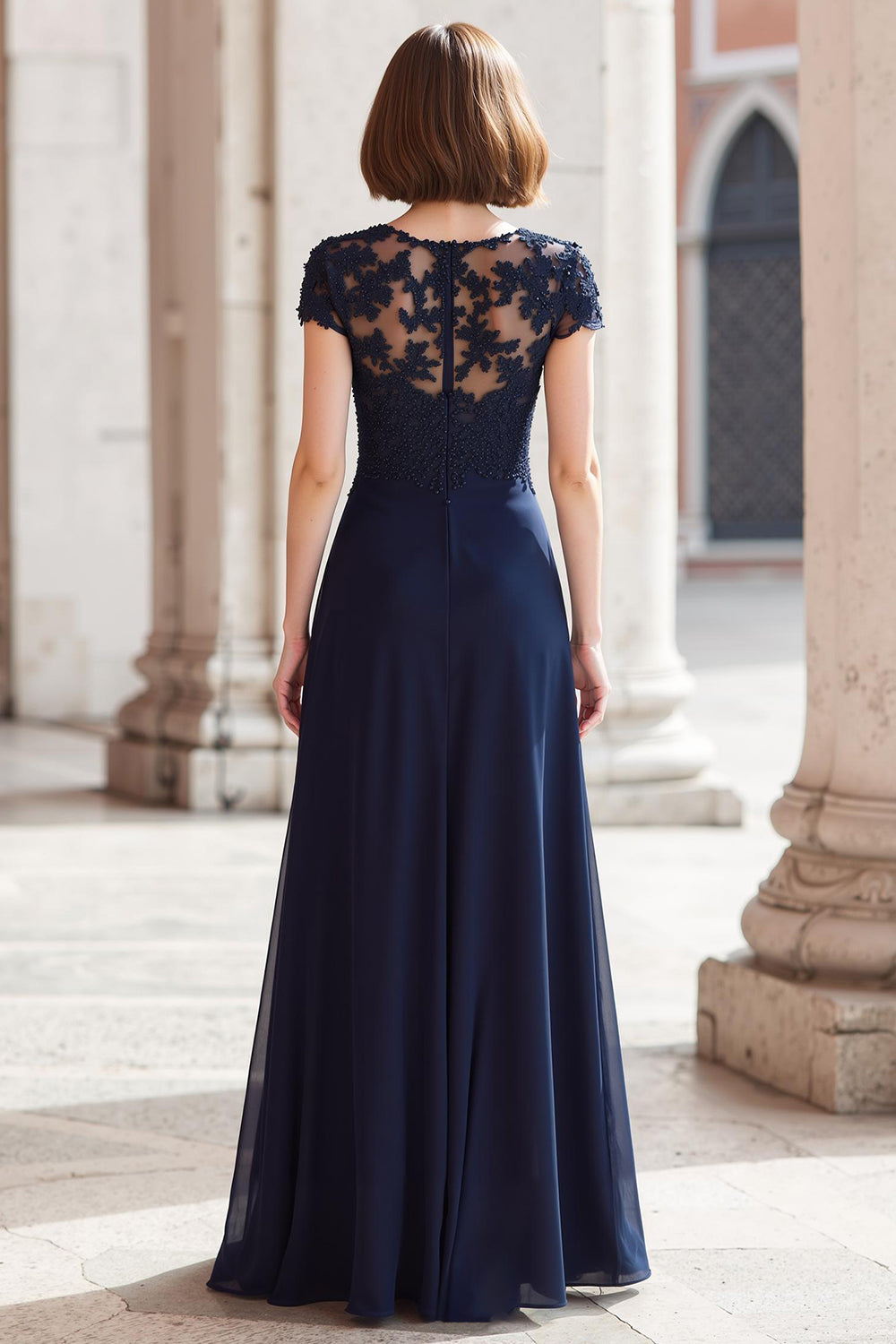 A-Line Navy Lace Appliques Long Mother of the Bride Dress