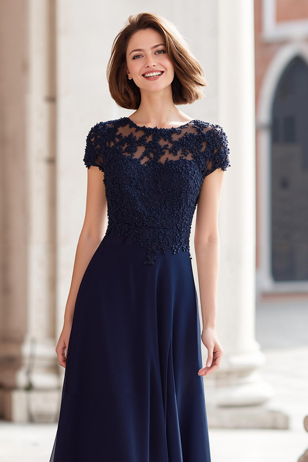 A-Line Navy Lace Appliques Long Mother of the Bride Dress