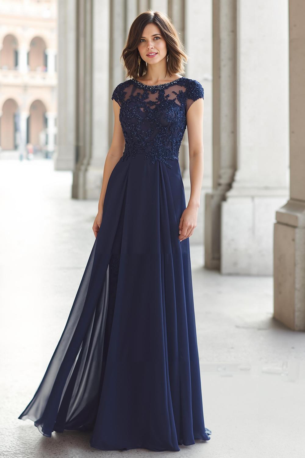 Navy A-Line Lace Appliques Chiffon Mother of the Bride Dress