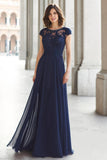Navy A-Line Lace Appliques Chiffon Mother of the Bride Dress