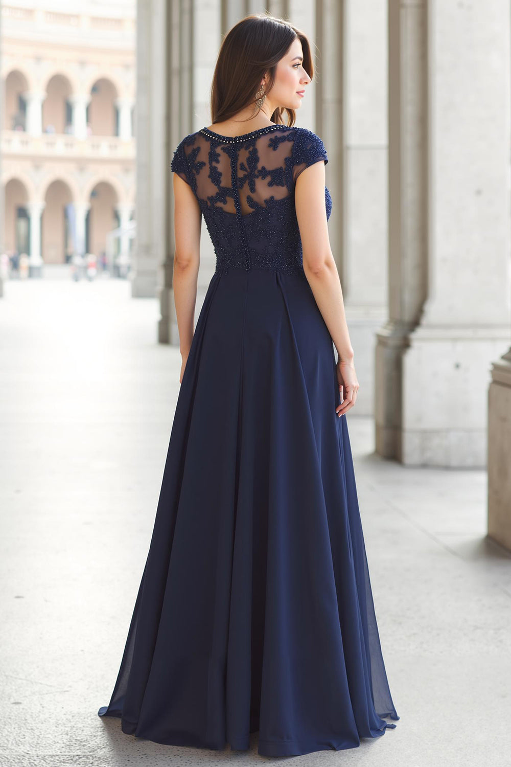 Navy A-Line Lace Appliques Chiffon Mother of the Bride Dress
