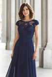 Navy A-Line Lace Appliques Chiffon Mother of the Bride Dress