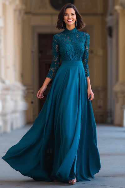 Zapaka Women Peacock Blue A-Line Mother of the Bride Dress High Neck Lace  Applique Long Sleeve Wedding Guest Dress – ZAPAKA